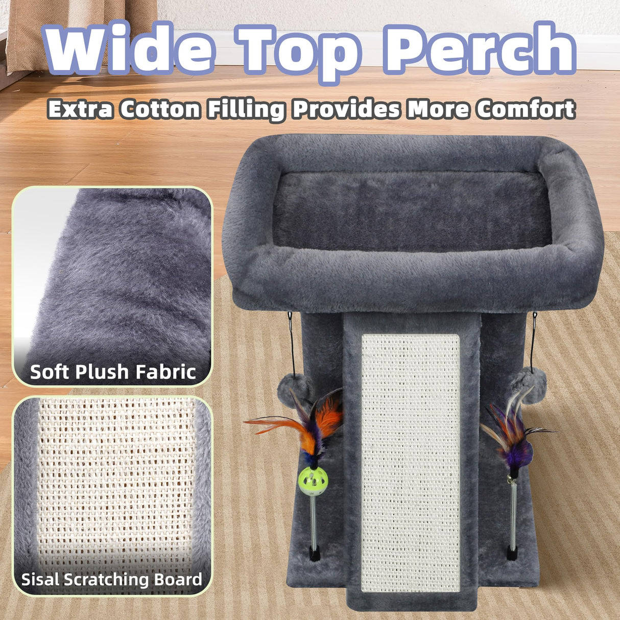 TWDEPART Cat Tree Tower with Cat Scratching Post for Indoor Cats, Activity Centre Climbing Tree with Scratching Board and Playful Toy Balls, Grey TWDEPART