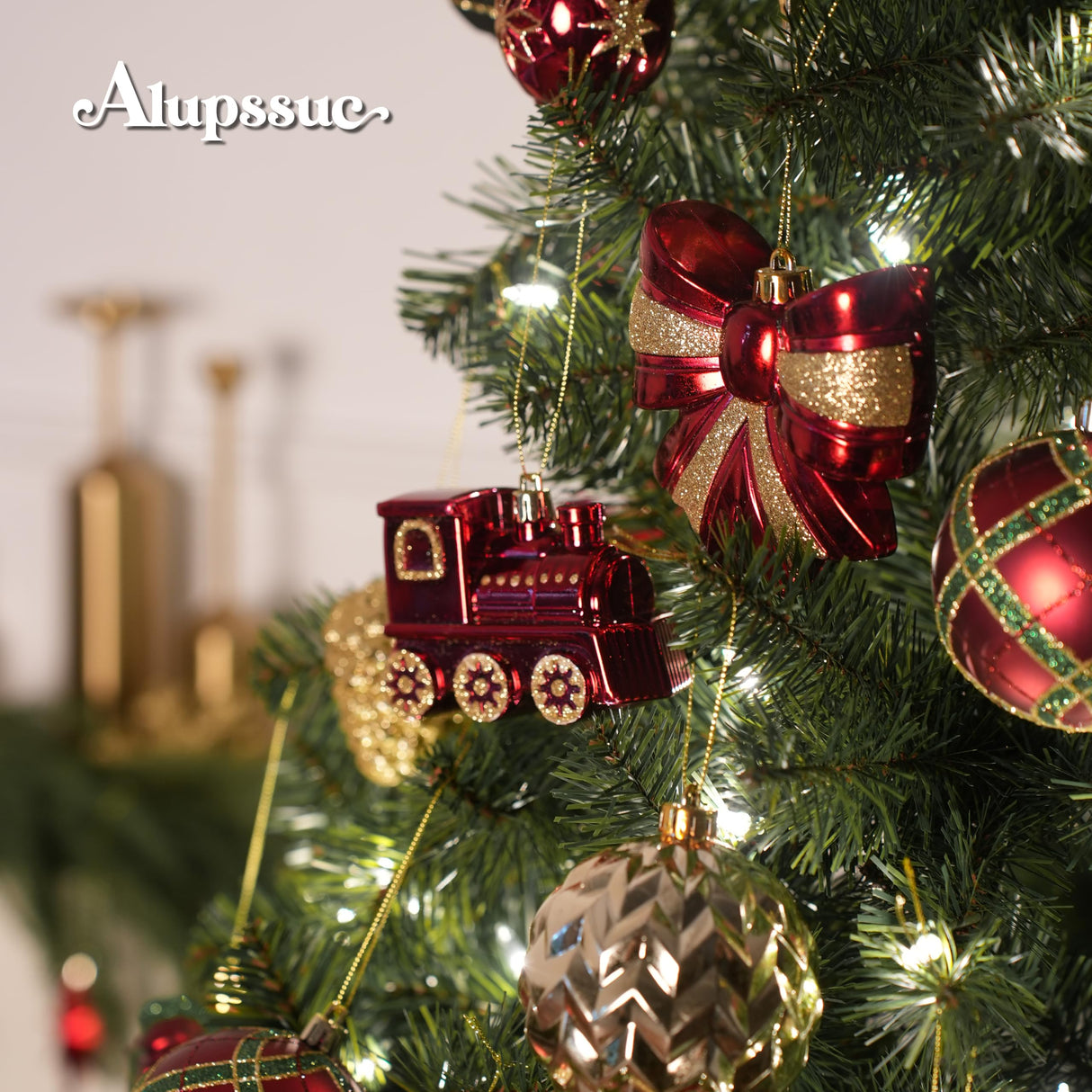 Alupssuc 82pcs Christmas Balls Ornaments Set, Delightful Classic Gift Set, Shatterproof Plastic Decor for Xmas Tree Holiday Wedding Party Decorations with Hanging Strings, Gold, Red and Green Alupssuc