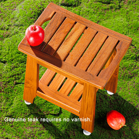 Teak Shower Bench Seat with Handle 14 Inch/Teak Wood Shower Stool with Shelf/Wooden Bathroom Spa Bathing Stool/Waterproof Teak Shower Stool/Indoor and Outdoor Use,Patented Design. NNN