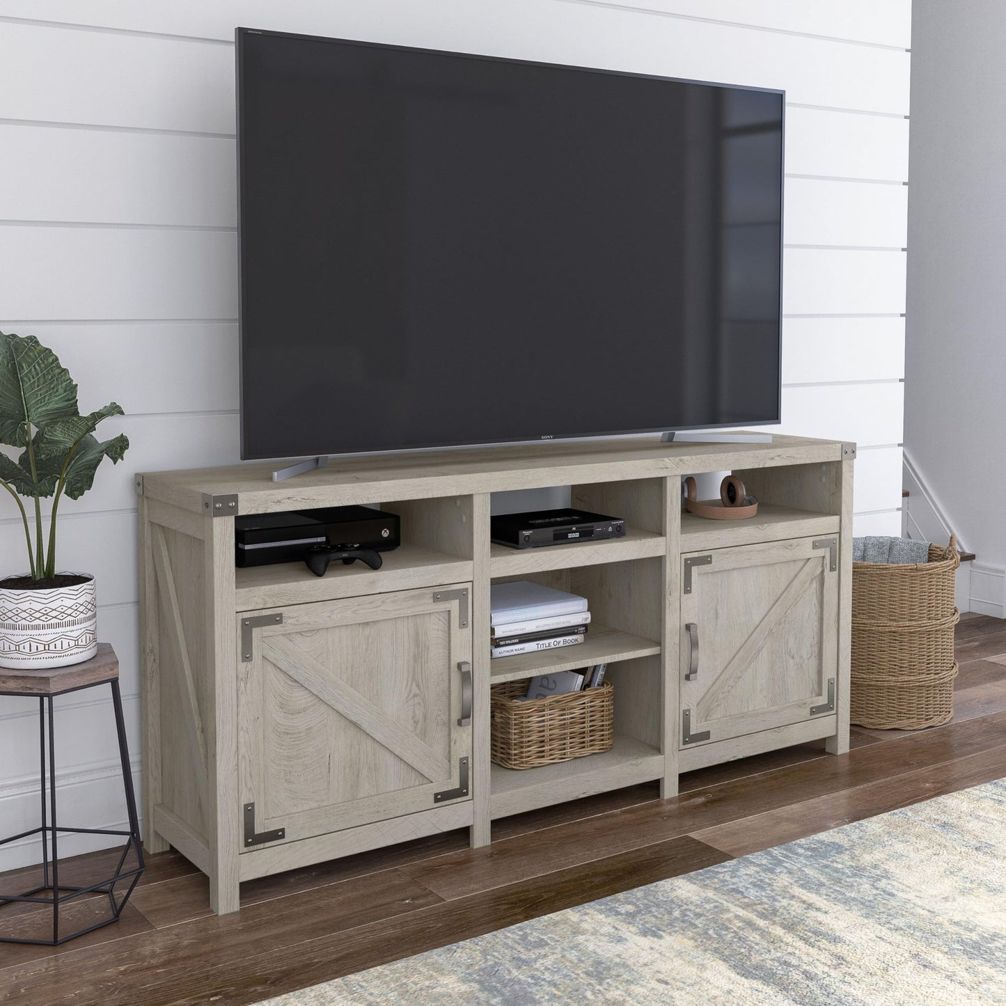 Bush Furniture Knoxville Farmhouse Stand for 75 Inch TV, Living Room Media Console with Storage, 65W, White