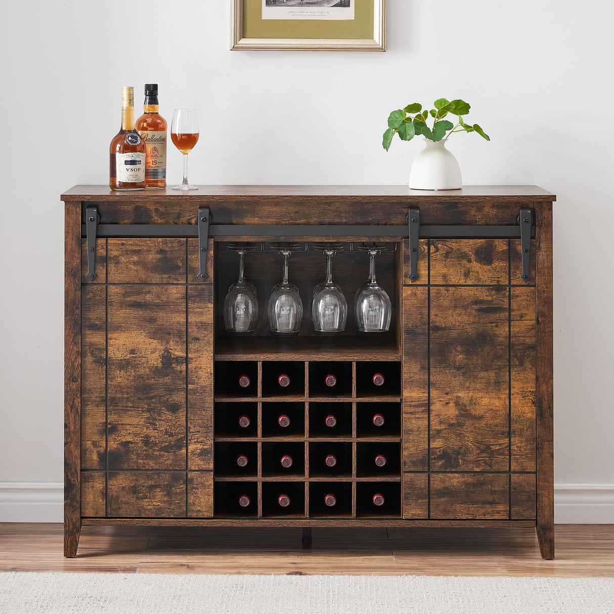 coucheta Wine Bar Cabinet,47" Farmhouse Coffee Bar Cabinet with Sliding Barn Door, Buffet Sideboard Cabinet with 16 Bottle Wine Rack for Dining, Living Room Dining Kitchen, Rustic Brown coucheta