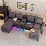 HYZQ Sectional Couches for Living Room, 4 Seat Sectional Sofa with Smart Module-Bluetooth Speaker/RGB Light/Charging Station, Teddy Fleece U Shaped Cloud Couch with Storage Ottoman (Dark Grey) HYZQ