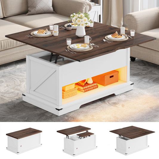 YITAHOME Lift Top Coffee Table, 3 in 1 Multi-Function Coffee Tables for Living Room, Wood Farmhouse Coffee Table with Hidden Compartment, Led Coffee Table with Storage, Brown and White