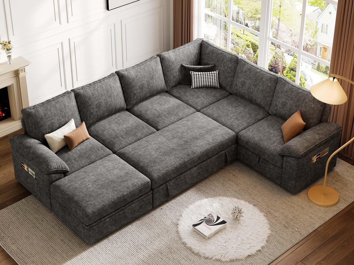 SUAWY 108 Inch Sectional Sleeper Sofa with Pull Out Bed,U Shaped 7 Seat Modular Sectional Sofa with Storage,Sectional Couches for Living Room,Cloud Modular Couch,Removable Sofa Cover,Dark Grey SUAWY