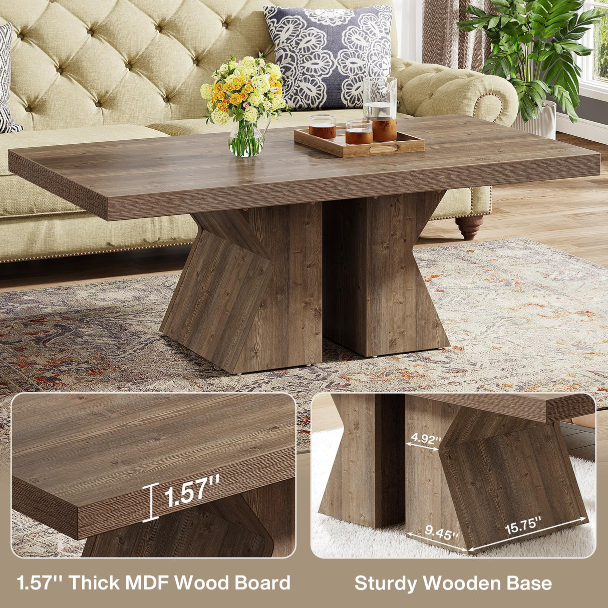 Tribesigns Wood Coffee Table, 47-Inch Rectangular Center Table with Thick Wooden Base, Farmhouse Wood-Look Cocktail Table for Living Room (Brown) Tribesigns