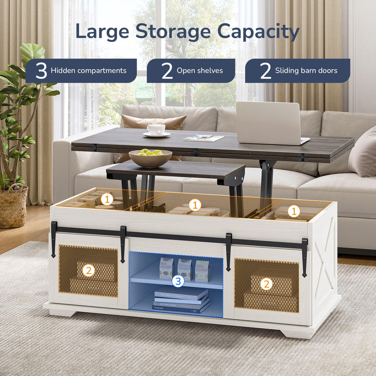 BELLEZE Lift Top Coffee Table, 44" Farmhouse Coffee Table with Storage & Sliding Barn Doors, 3 in 1 Multi-Function Coffee Table for Living Room, Dining Reception Room, Lawson - White Sand BELLEZE