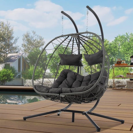 AOPNOMU 2 - Person Hanging Egg Chair with Stand, Steel Frame, for Outdoor & Indoor Use Double Wicker Egg Chair for Patio, Garden, or Balcony Dark Gray AOPNOMU