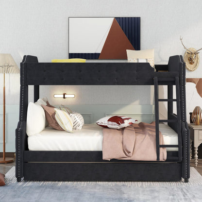 SkVLf Twin Over Full Bunk Bed with Trundle and Ladder, Tufted Button Design Upholstered Bunk Bed Frame with Headboard, Footboard and Slat Support (Velvet Fabric, Black) ，Queen Bed