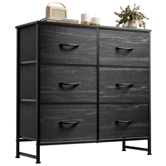 WLIVE Fabric Dresser for Bedroom, 6 Drawer Double Dresser, Storage Tower with Fabric Bins, Chest of Drawers for Closet, Living Room, Hallway, Charcoal Black Wood Grain Print