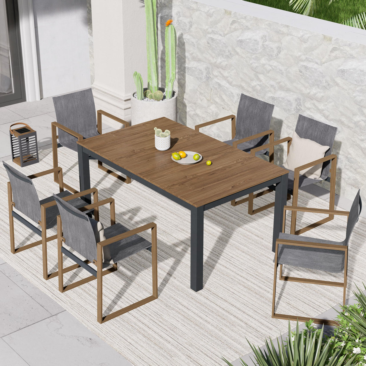 Grand patio 7 Piece Outdoor Dining Set with Faux Wood Grain Finish, Modern Alunimum Table and Chairs for 6 with Market Umbrella Hole for Garden, Backyard,Poolside,Lawn,Porch,Deck,Yard,Dark Brown Grand patio