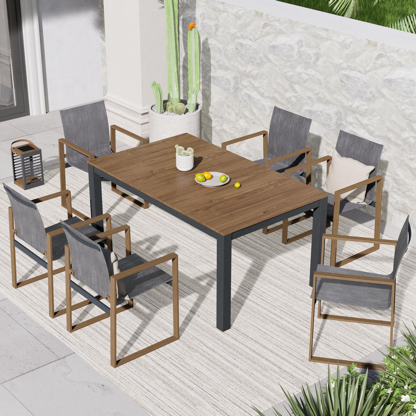 Grand patio 7 Piece Outdoor Dining Set with Faux Wood Grain Finish, Modern Alunimum Table and Chairs for 6 with Market Umbrella Hole for Garden, Backyard,Poolside,Lawn,Porch,Deck,Yard,Dark Br - WoodArtSupply