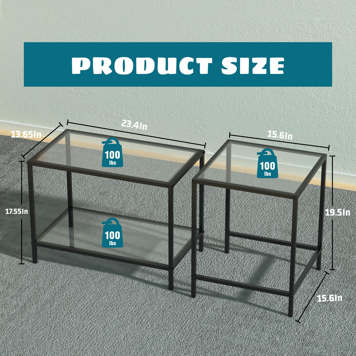 Nesting Coffee Table,Small Glass Coffee Table Set of 2,Black Modern Square Sofa Side Tea Table for Living Room,Bedroom and Small Spaces,2 Tier Tempered Glass with Sturdy Metal Frame, Easy Assembly Adompacat