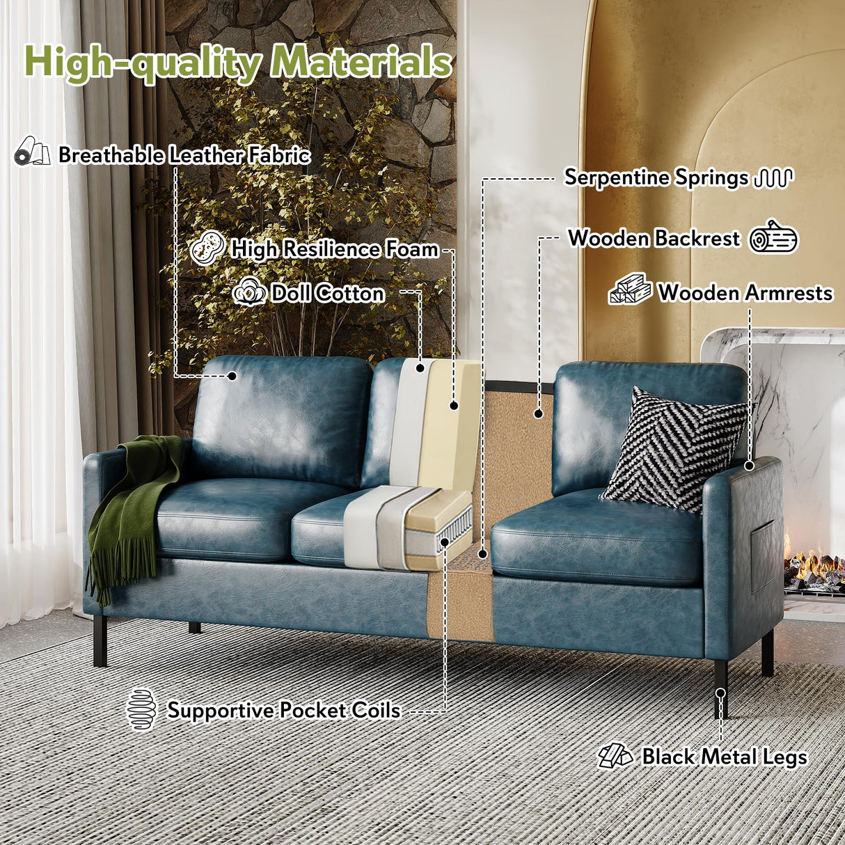 STHOUYN 73" W Faux Leather Couch w/ 2 USB, Leather Sofa w/Side Pockets, Wooden Frame 3 Seat Couch for Livingroom, Office, Apartment (Blue, 3 Seater) STHOUYN