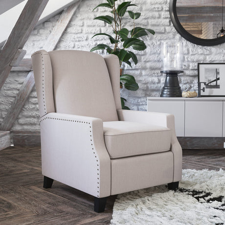 BizChair Traditional Style Slim Push Back Recliner Chair-Wingback Recliner with Cream Fabric Upholstery-Accent Nail Trim BizChair