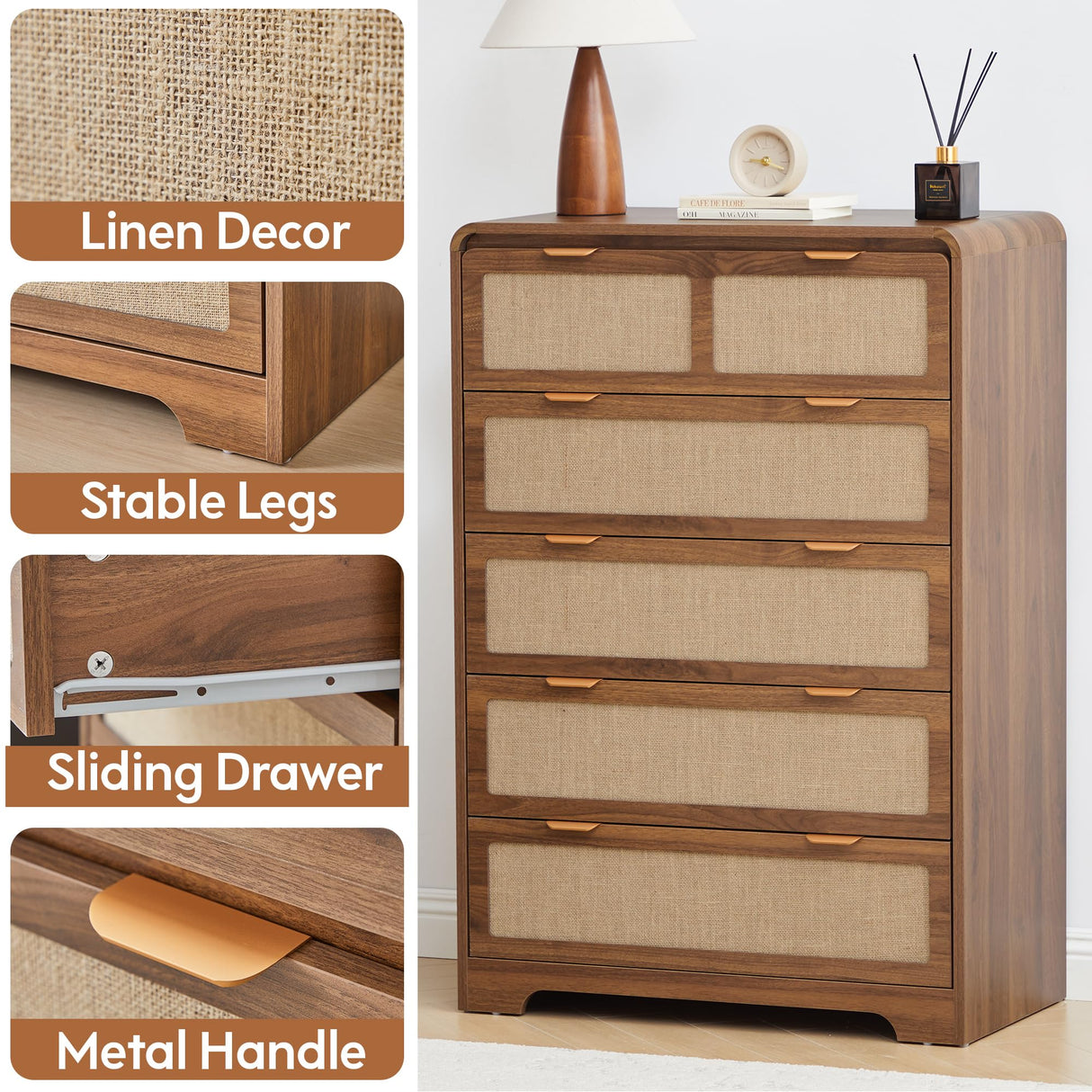 RUSTYER 43" Tall Dresser for Bedroom, 5 Drawer Mid Century Modern Dresser with Natural Linen, Curved Wood Chest of Drawers Closet Clothes Storage Organizer for Living Room, Hallway (Walnut) RUSTYER