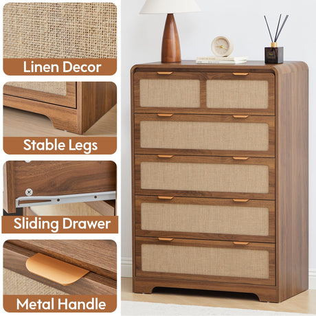 RUSTYER 43" Tall Dresser for Bedroom, 5 Drawer Mid Century Modern Dresser with Natural Linen, Curved Wood Chest of Drawers Closet Clothes Storage Organizer for Living Room, Hallway (Walnut) RUSTYER