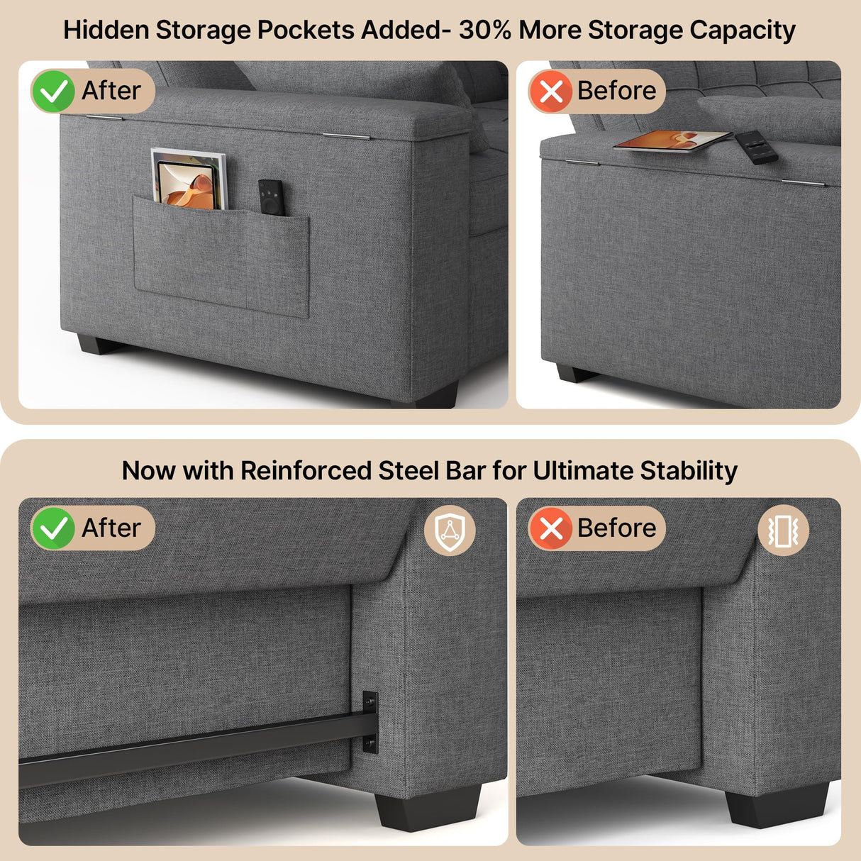 Gizoon Convertible Sofa Bed Futon, Queen Size Sleeper Loveseat with Pull Out Couch, 3 in 1 Linen Fabric Futon Couch with Side Pockets, Storage Armrest & Adjustable Backrest for Living Room, Dark Grey Gizoon