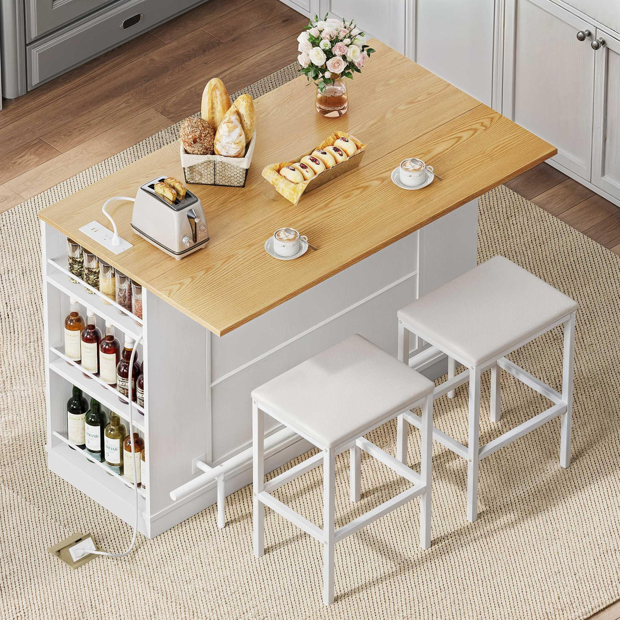 DWVO Kitchen Island Set with 2 Stools and Drop Leaf 3 Piece Kitchen Dining Table Set, 47 Inch Kitchen Island with Seating, Storage Cabinet on Wheels with Power Outlet, Spice Rack (White Oak) DWVO