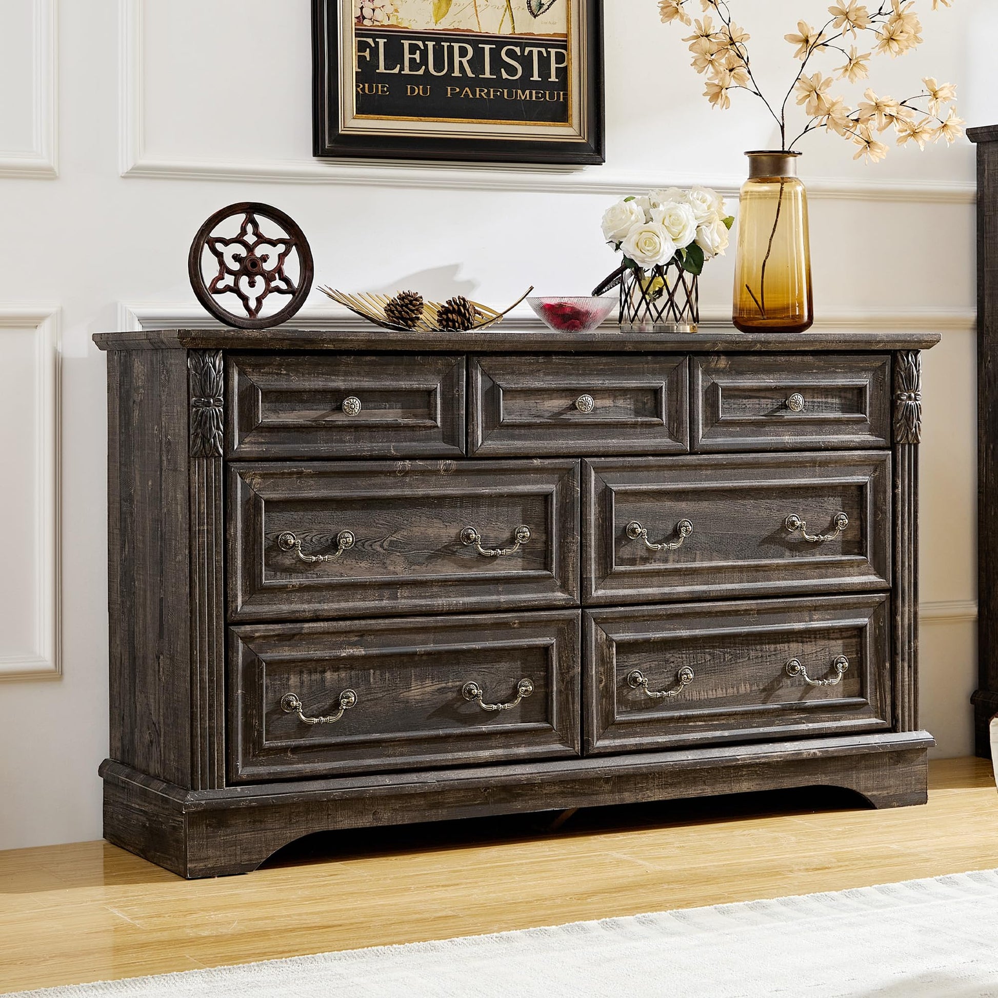 BOSHIRO Farmhouse 7 Drawers Dresser, Dressers for Bedroom, 54" Wide Wood Rustic Chest of Drawers with Carved Pilasters, Storage Organizer, Living Room, Hallway, Dark Rustic Oak - WoodArtSupply