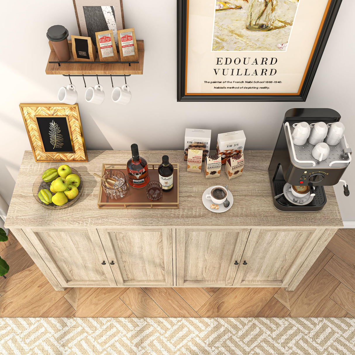 knoworld Buffet Cabinet with Storage Farmhouse Buffet Sideboard with 4 Doors, 55'' Large Kitchen Storage Cabinet Wood Coffee Bar Buffet Table for Kitchen, Dining Room, Entryway knoworld