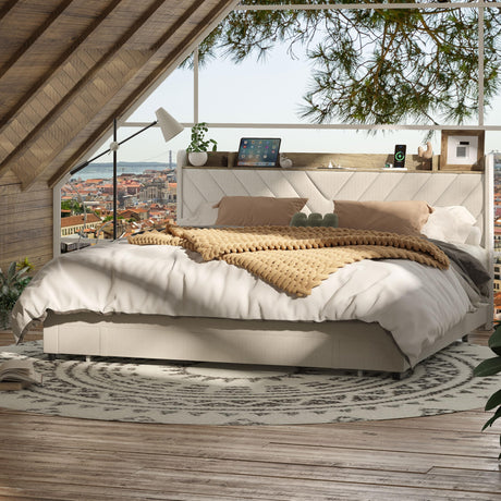 Beige Upholstered Queen Bed Frame with Headboard, Storage Drawers, and Charging Station DIYSET