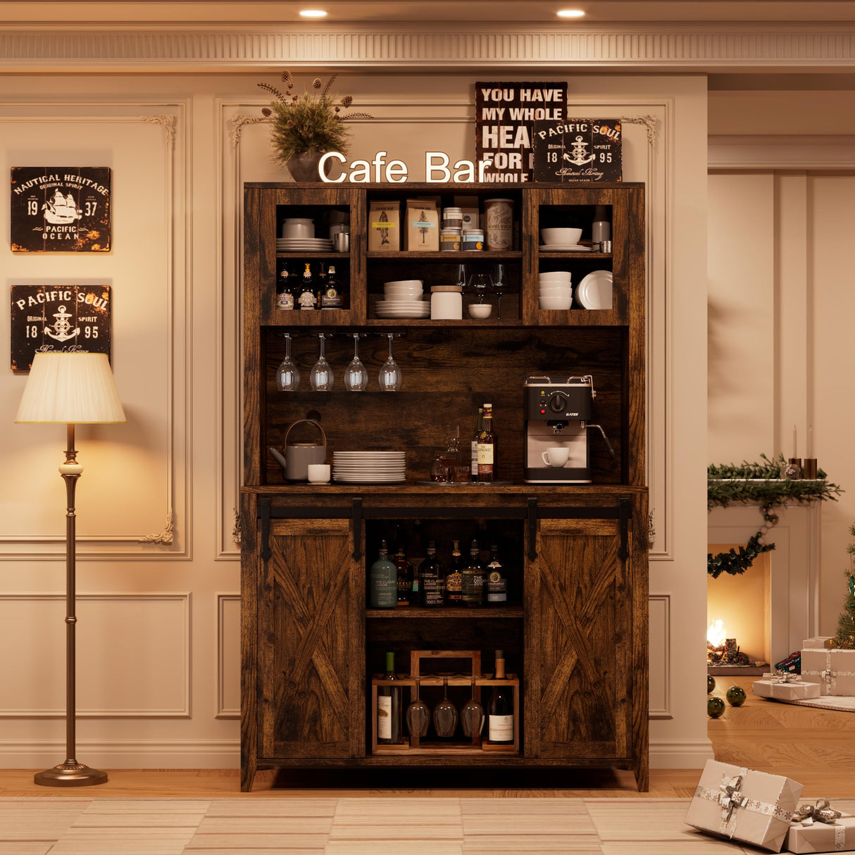 IDEALHOUSE 70'' Wine Coffee Bar Cabinet with Storage Hutch, Tall Kitchen Pantry Liquor Cabinet with Sliding Barn Doors, Bottle Glasses Rack, Farmhouse Buffet for Home Dining Room, Brown IDEALHOUSE