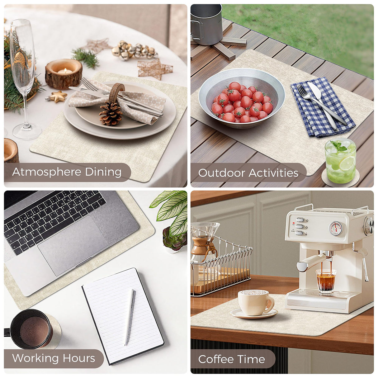 Vinyl Placemats Set of 4, Faux Leather Waterproof and Heat Resistant Place Mats, Washable Anti-Slip Table Mats with Coaster, Wipeable Placemats for Indoor & Outdoor 17" x 12" (Beige, Set of 4) NCUE