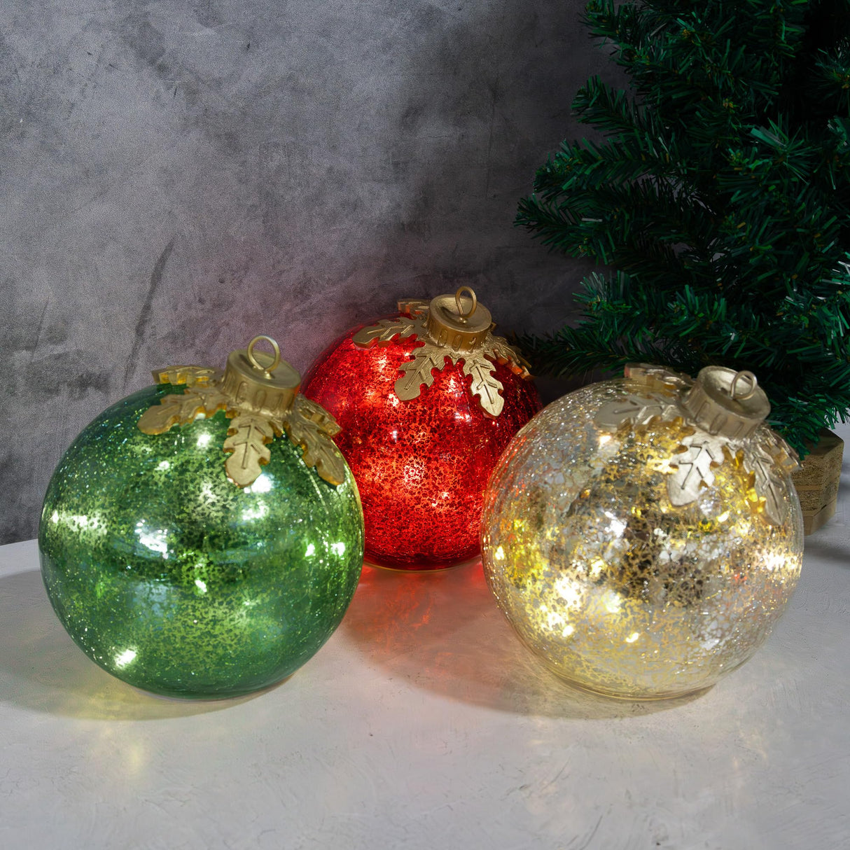 LumaBase Battery Operated Glass Tabletop Christmas Ornaments - Set of 3 Lumabase