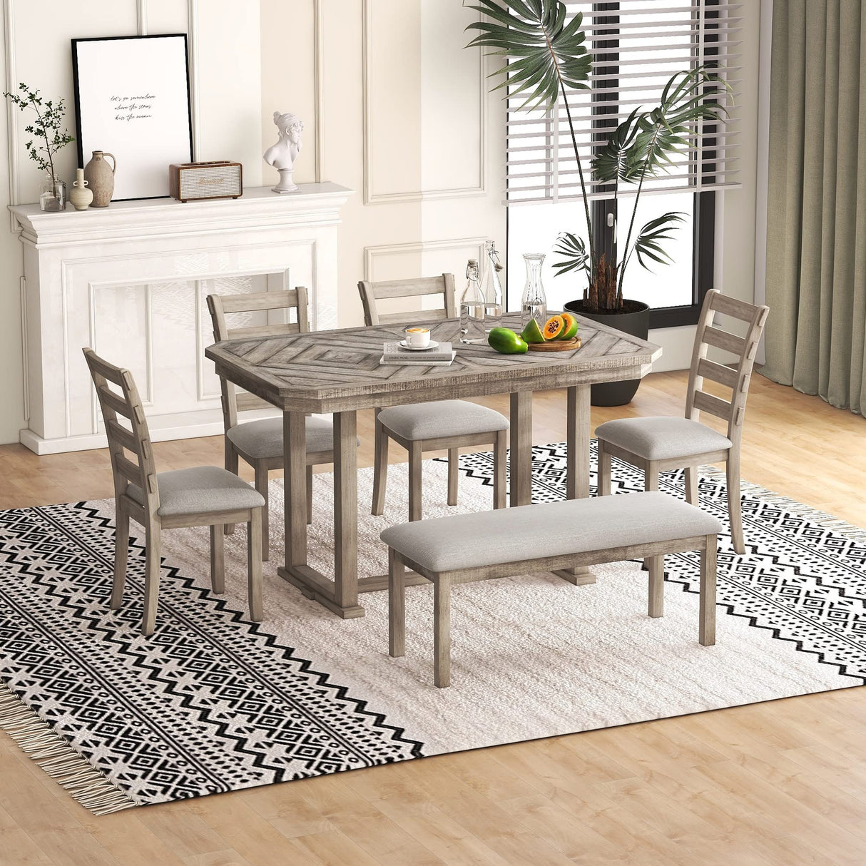 Bellemave Dining Table Set for 6, Rectangular Dining Table with Upholstered Chairs and Bench, 6-Piece Table Set for Dining Room and Kitchen, Retro Dining Room Table Set with Bench, 4 Chairs Bellemave