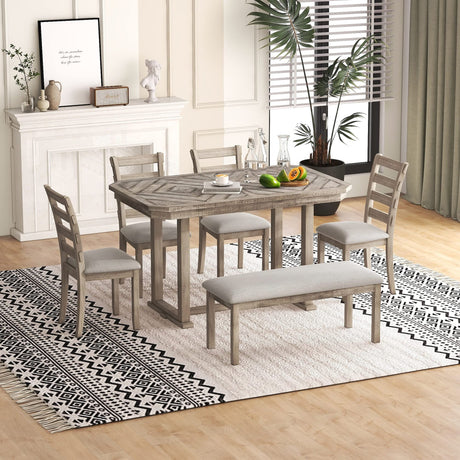 Bellemave Dining Table Set for 6, Rectangular Dining Table with Upholstered Chairs and Bench, 6-Piece Table Set for Dining Room and Kitchen, Retro Dining Room Table Set with Bench, 4 Chairs Bellemave
