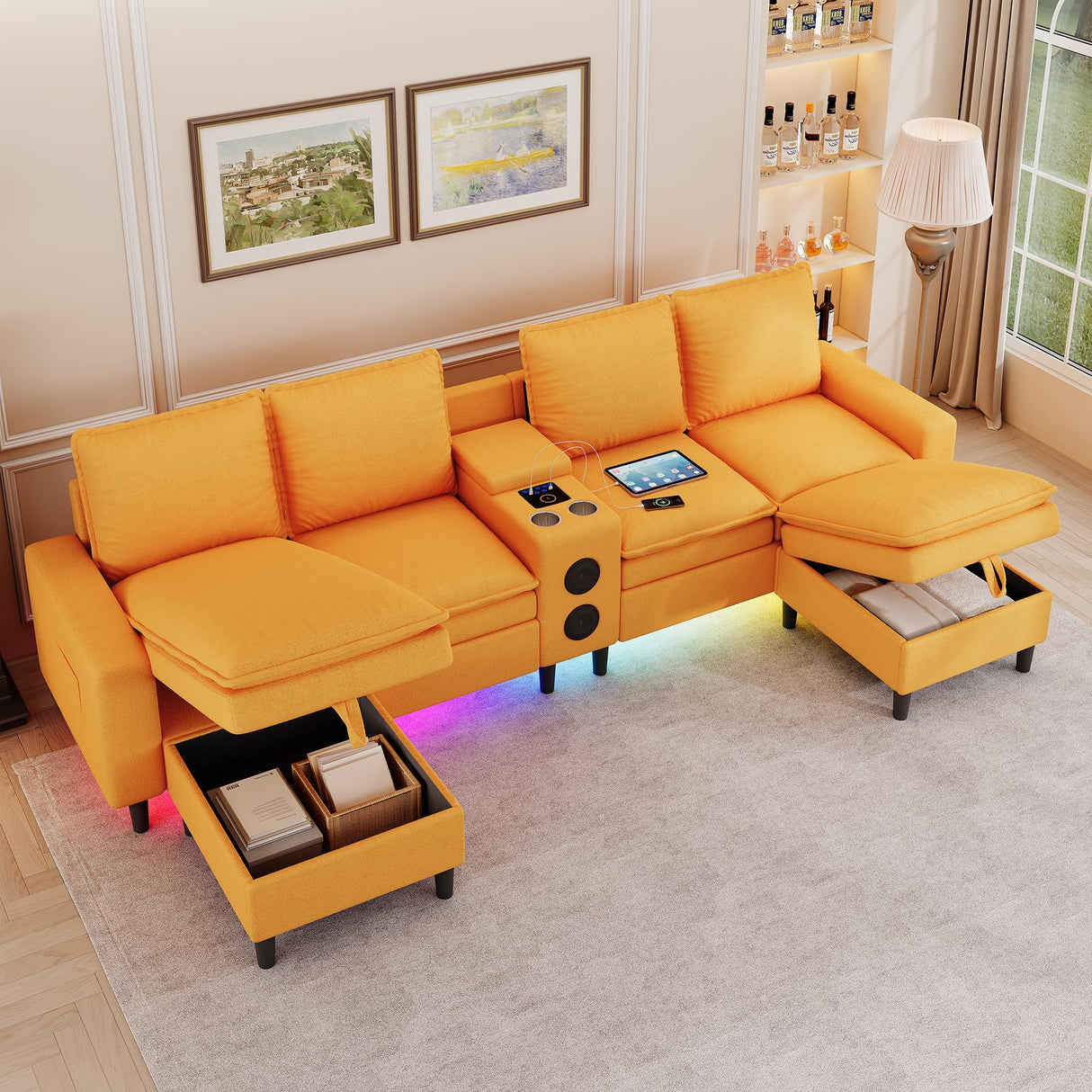 HYZQ Sectional Couches for Living Room, 4 Seat Sectional Sofa with Smart Module-Bluetooth Speaker/RGB Light/Charging Station, Teddy Fleece U Shaped Cloud Couch with Storage Ottoman (Yellow) HYZQ