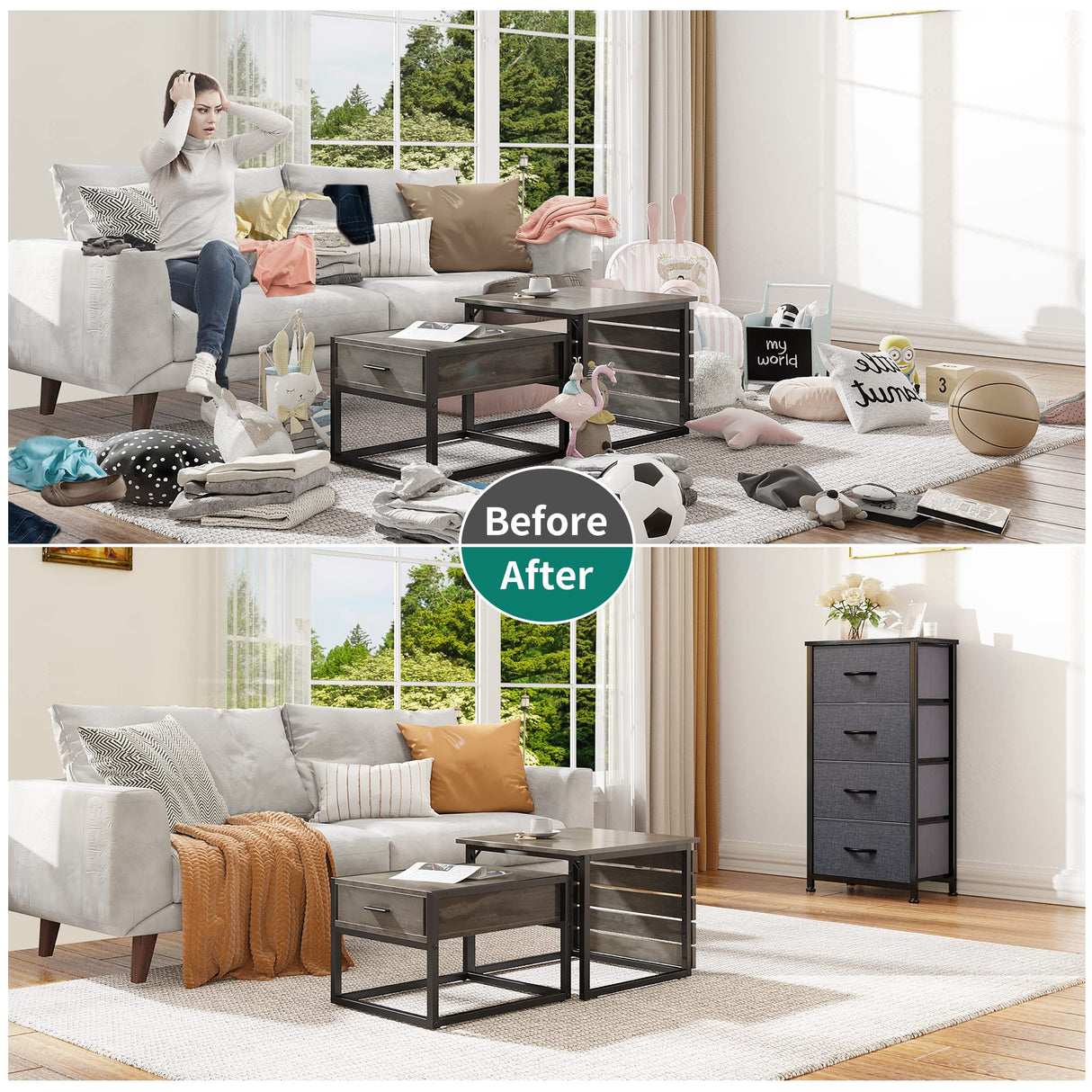 DWVO Storage Tower with 4 Drawers - Fabric Dresser, Organizer Unit for Bedroom, Living Room, Closets - Sturdy Steel Frame, Easy Pull Fabric Bins & Wooden Top DWVO