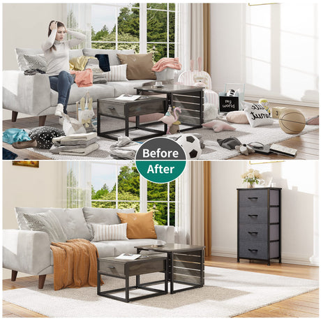 DWVO Storage Tower with 4 Drawers - Fabric Dresser, Organizer Unit for Bedroom, Living Room, Closets - Sturdy Steel Frame, Easy Pull Fabric Bins & Wooden Top DWVO