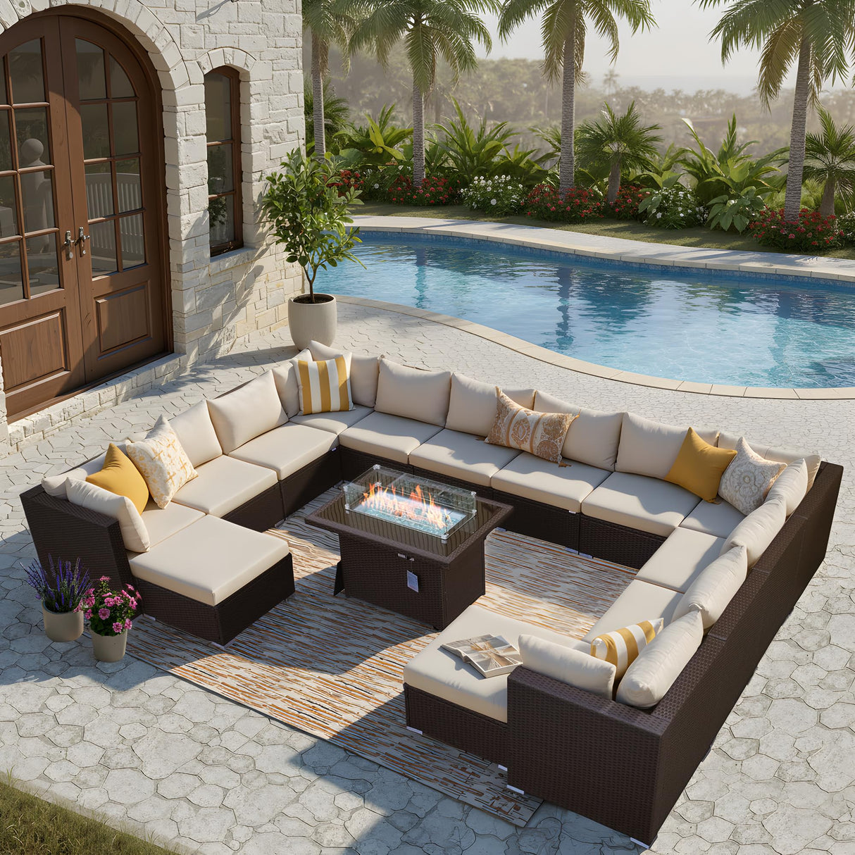 BULEXYARD 15 Piece Highback Wicker Patio Furniture Sets with Firepit, All-Weather Heavy Duty Outdoor Conversation Set Modular, Extra Deep Wide 14-Seats Sectional Couch Sofa for Backyard, Brown & Beige BULEXYARD