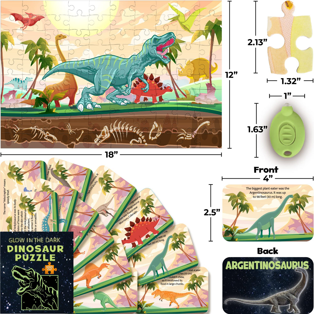 Hapinest Glow-in-The-Dark Dinosaur Jigsaw Puzzle for Kids, 100 Piece Puzzles for Kids Boys and Girls Gifts Ages 5 6 7 8 9 10 11 12 Years Old & Up, Includes 12 Dinosaur Fact Cards & LED Mini Flashlight Hapinest