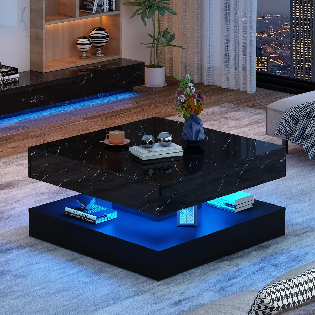 jiteentarou 33.9" LED Coffee Table with Storage, Modern High Glossy Living Room Table w/2 Drawers,Double-Layer Design Large Square Center Table for Living Room, Home, Office, Black Marble jiteentarou