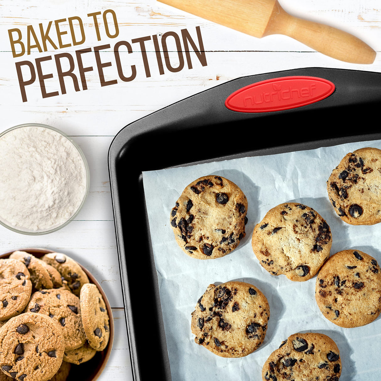 NutriChef 15-Piece Baking Pan Set - Flexible Nonstick Coating Carbon Steel Bakeware - Professional Home Kitchen Bakeware with Stackable Cookie Sheet Trays and Red Silicone Handles (Black) NutriChef