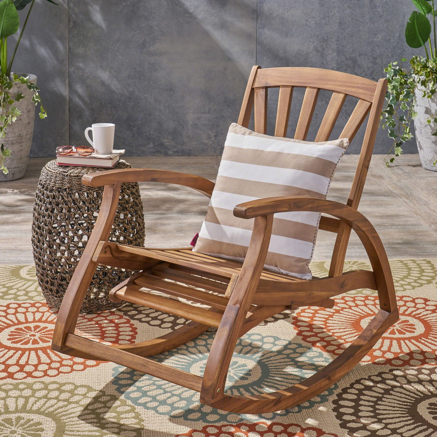 Christopher Knight Home Alva Outdoor Acacia Wood Rocking Chair with Footrest, Teak Finish - WoodArtSupply