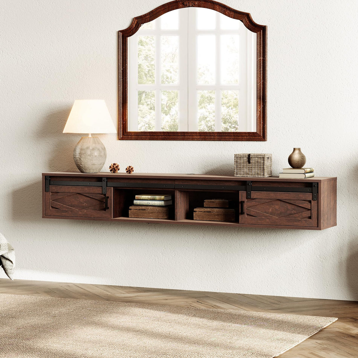 WAMPAT Floating TV Stand for TVs up to 80 Inch, Wood Floating Entertainment Center with Sliding Barn Door, Floating TV Shelf for Living Room, Bedroom, Rustic Brown WAMPAT