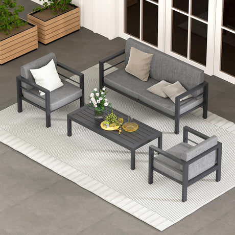 HOWSVN 4 Piece Modern Aluminum Patio Furniture Set, Outdoor Metal Seating Sets, Patio Sectional Conversation Set with Soft Cushion and Coffee Table (4 Piece Set) HOWSVN