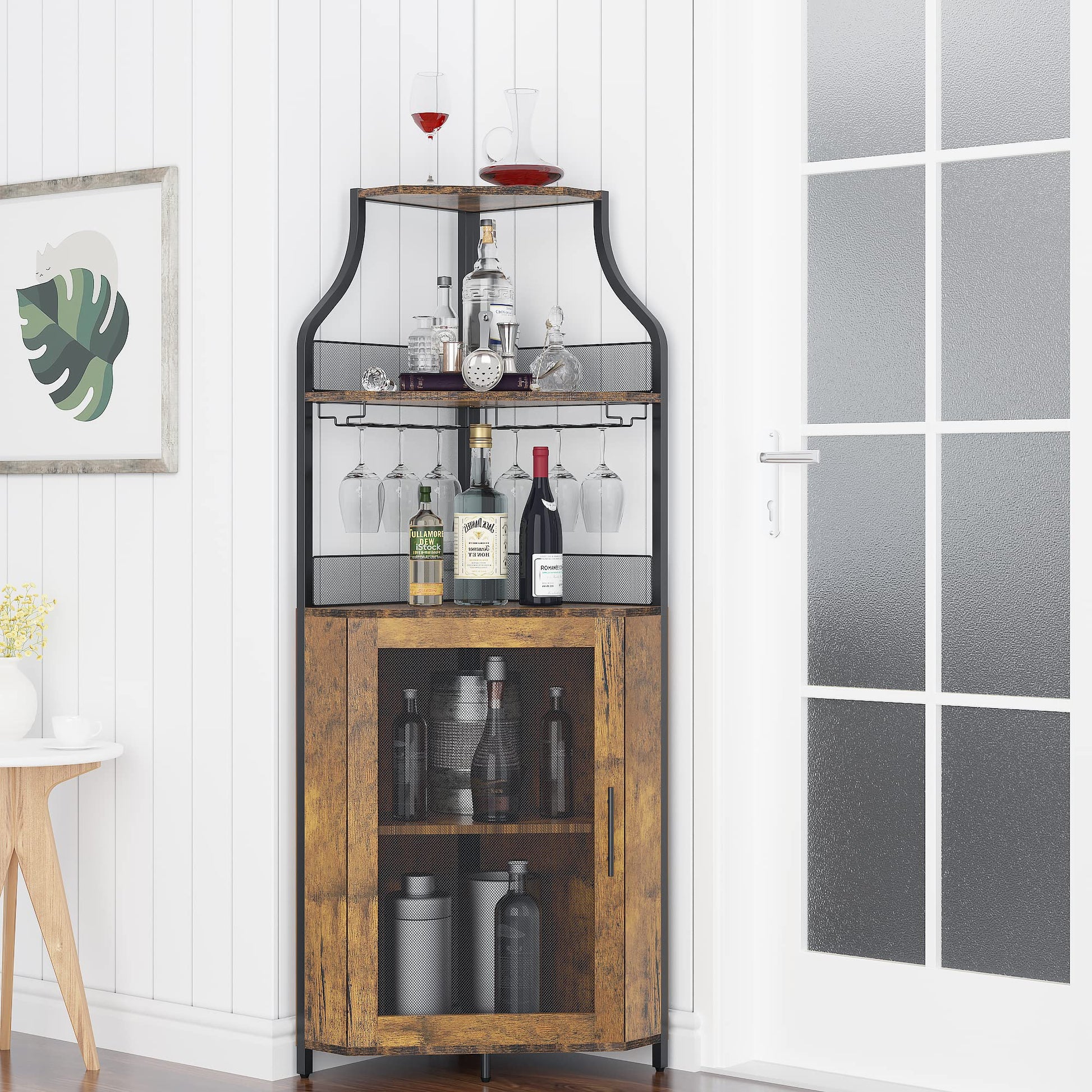 IDEALHOUSE Corner Bar Cabinet, Wine Bar Cabinet with Large Storage Space and Detachable Wine Rack, Wine Cabinets with Glass Holder and Mesh Door for Dining Room, Living Room, Kitchen(Rustic B - WoodArtSupply