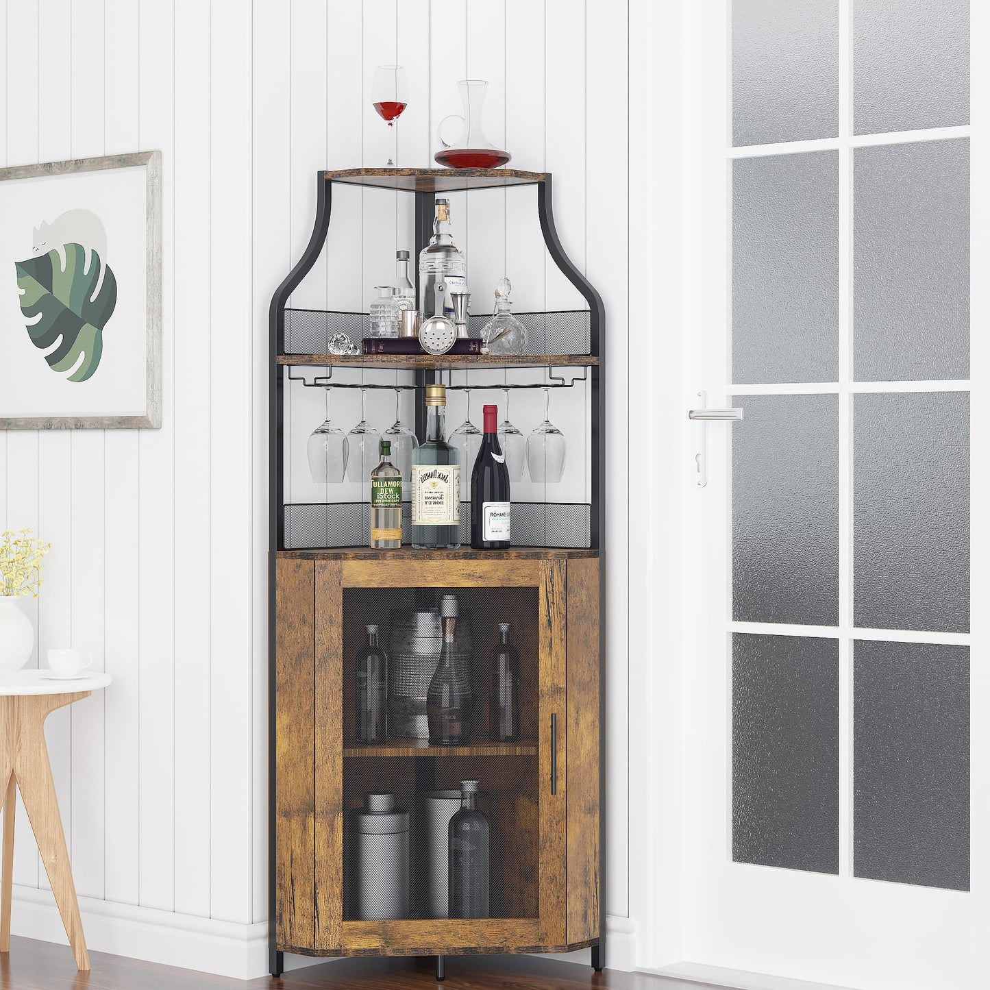 GAOMON Wine Corner Cabinet with Removable Wine Rack, Wine Cabinet and Wine Glass Bar Cabinet with Glass Rack and Mesh Door, Wine Cabinet with Reasonable Functional Partitioning (Retro Brown)