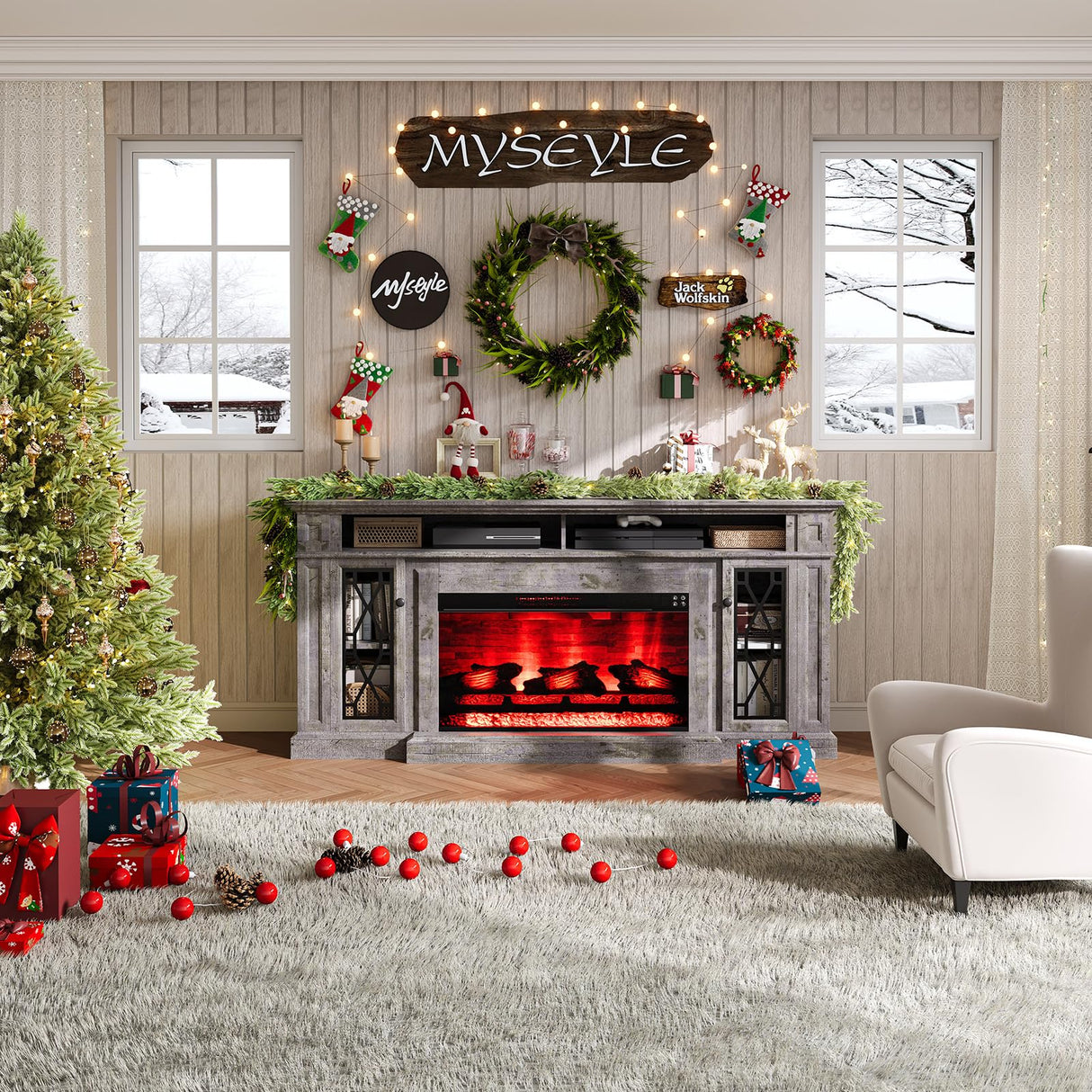 AMERLIFE 70" Farmhouse Heavy Fireplace TV Stand with 33" Electric Fireplace, for 80" TVs up, Media Entertainment Center with Diamond Door, TV Console Storage Cabinet for Living Room, Grey AMERLIFE