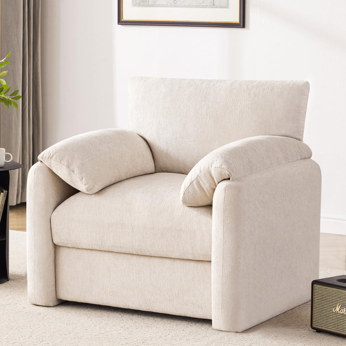 Howjoe Chenille Oversized Armchair, 38.6" Wide Accent Chairs for Living Room & Bedroom Modern Lounge Chair, Upholstered Mid-Century Reading Chair, Comfy Living Room Chair, Single Sofa Chair, Beige Howjoe