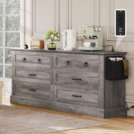 DWVO Farmhouse 6 Drawers Dresser, 59" Wide Wood Rustic Chest of Drawers with Nice Texture, Vintage Design, Storage Dressers Organizer for Living Room, Hallway, Grey DWVO