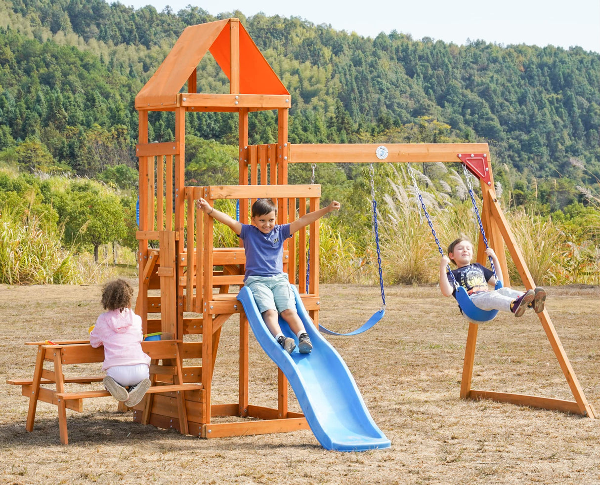 Dolphin Playground Wooden Swing Sets for Backyard with 2 in 1 Outdoor Table, Outdoor Playset for Kids 3-10 with Rock Climbing Wall, 6FT Wave Slide, Fort, and 2 Belt Swings, Playground Accessories DOLPHIN PLAYGROUND T