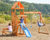 Dolphin Playground Wooden Swing Sets for Backyard with 2 in 1 Outdoor Table, Outdoor Playset for Kids 3-10 with Rock Climbing Wall, 6FT Wave Slide, Fort, and 2 Belt Swings, Playground Accessories DOLPHIN PLAYGROUND T