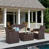 Seogwisam 4 Piece Patio Furniture Set, Outdoor Wicker Conversation Set, Rattan Sectional Sofa Couch with Glass Coffee Table & Thick Cushion for Backyard, Porch, Garden, Poolside, Brown/Beige Seogwisam