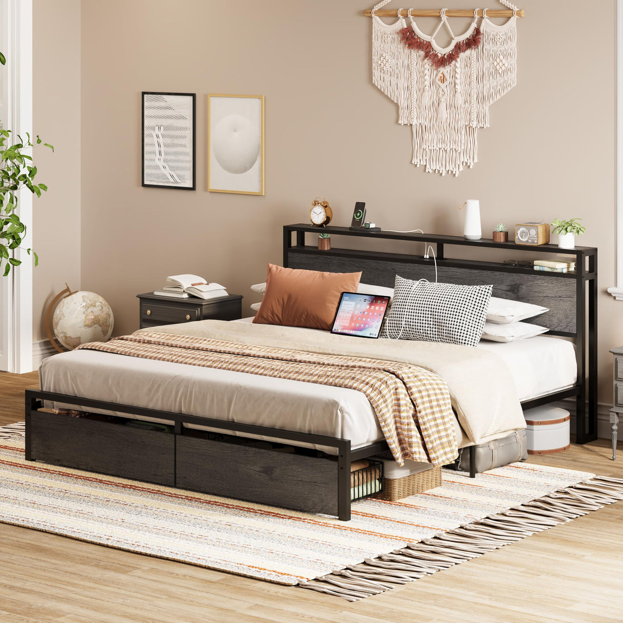 LIKIMIO King Bed Frame with Storage Headboard, Platform Bed with Drawers and Charging Station, No Box Spring Needed, Easy Assembly, Charcoal Grey LIKIMIO