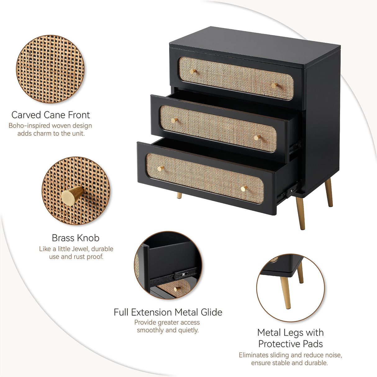 LONYKE Wicker Rattan Chest of Drawers, 3-Drawer Dresser, Black Finish Wooden Storage Cabinet, Modern Farmhouse Accent Table, Boho Mid-Century Coastal Sideboard LONYKE